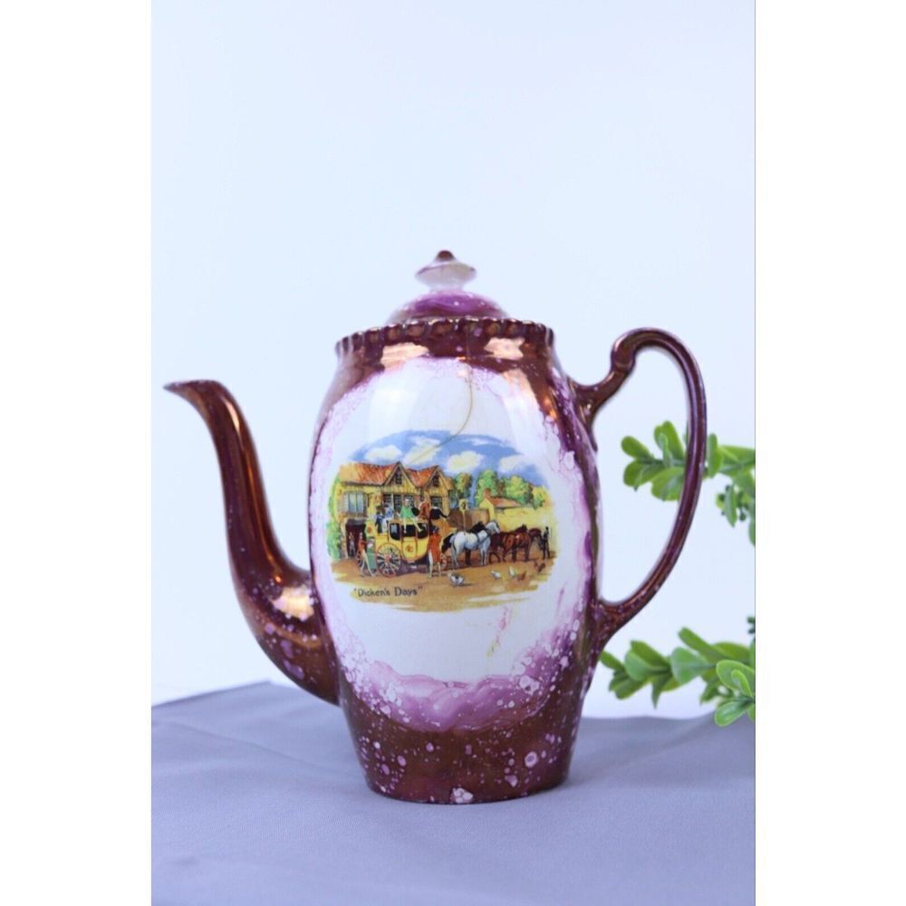 Vintage Gray's Pottery Lustre Coffee Teapot Dickens Days Purple Mottled Glaze
